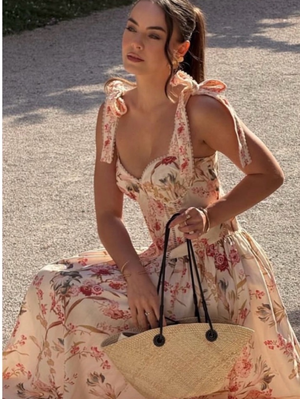 H&M Floral Midi Dress in White with Pink and Green Accents